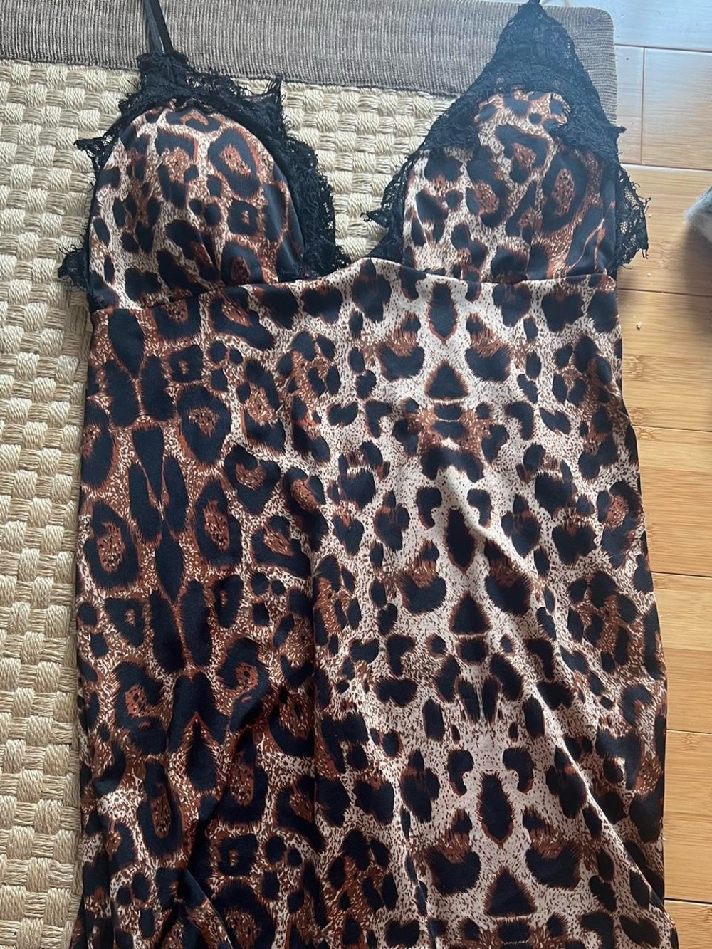 Cheetah Print & Black Lace Trim Mini Slip Dress